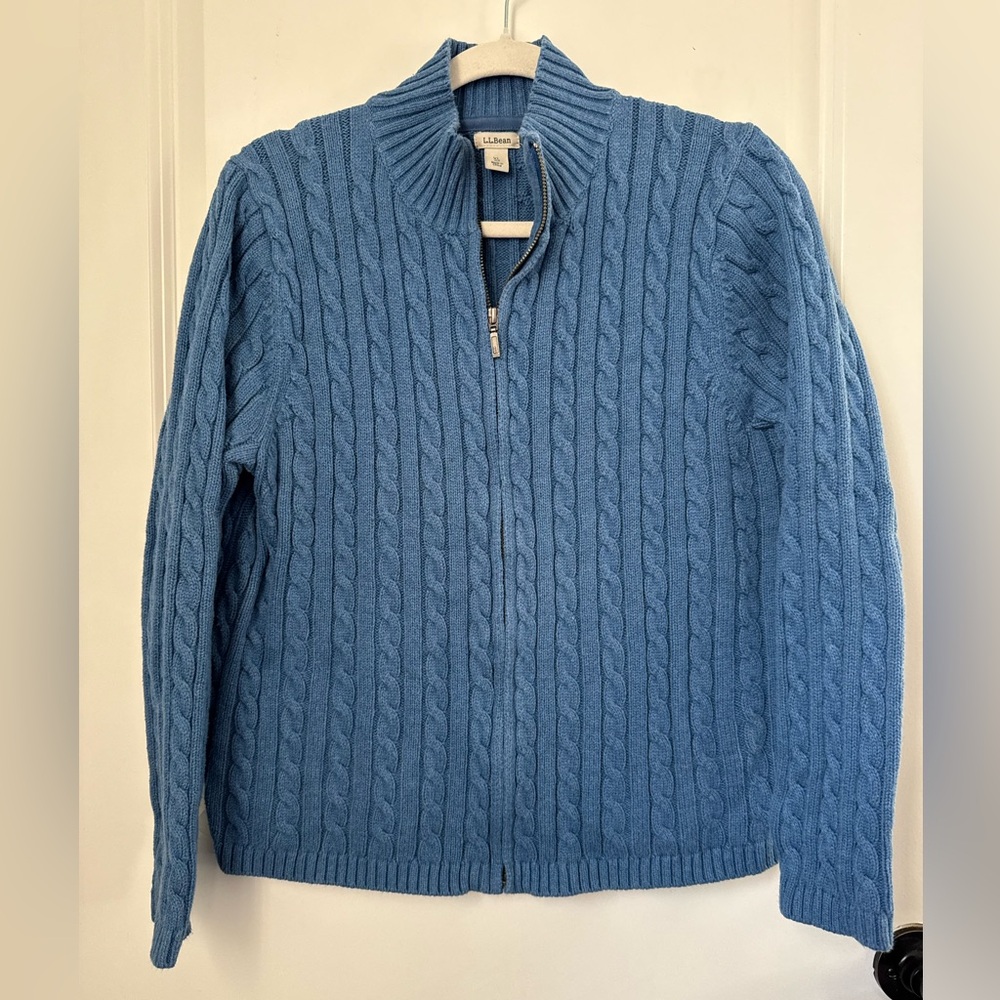 L.L. Bean Blue Zip-Up Cable Knit Sweater